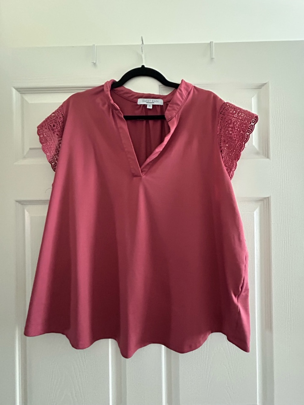 Sweet Rain Dusty Rose V-Neck Blouse with Lace Cap Sleeves